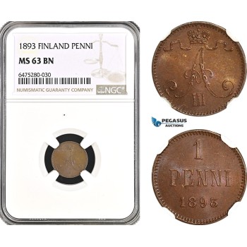 AH55, Finland, Alexander III. of Russia, 1 Penni 1893, Helsinki Mint, NGC MS63BN