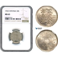 AH562, Estonia, 5 Marka 1922, Berlin Mint, NGC MS63