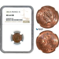 AH572, France, Second Republic, 1 Centime 1851 A, Paris Mint, NGC MS64RB