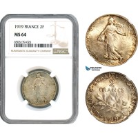 AH581, France, Third Republic, 2 Francs 1919, Paris Mint, Silver, NGC MS64