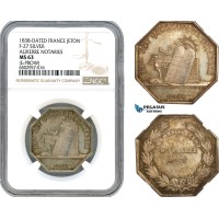 AH588, France, 1838 Silver Medal by Caque, Auxerre Notaires, NGC MS63