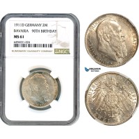 AH602, Germany, Bavaria, Luipold (Prince Regent) 2 Mark 1911 D, Munich Mint, Silver, NGC MS61