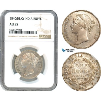 AH649, India (British) Victoria, 1 Rupee 1840 B&C, Silver, NGC AU55