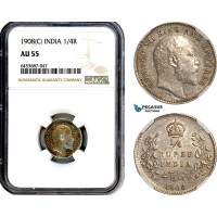 AH653, India (British) Edward VII, 1/4 Rupee 1908 C, Calcutta Mint, Silver, NGC AU55