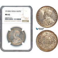 AH655, India (British) George V, 1 Rupee 1918 B, Bombay Mint, Silver, NGC MS62