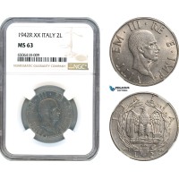 AH670, Italy, Vit. Emanuele III, 2 Lire 1942 R, Rome Mint, NGC MS63