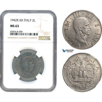 AH670, Italy, Vit. Emanuele III, 2 Lire 1942 R, Rome Mint, NGC MS63