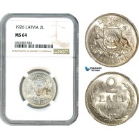 AH680, Latvia, 2 Lati 1926, Silver, NGC MS64