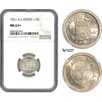 AH717, Netherlands East Indies, Wilhelmina, 1/4 Gulden 1921, Utrecht Mint, Silver, NGC MS63+