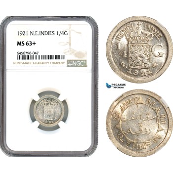 AH717, Netherlands East Indies, Wilhelmina, 1/4 Gulden 1921, Utrecht Mint, Silver, NGC MS63+