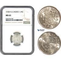 AH718, Netherlands East Indies, Wilhelmina, 1/4 Gulden 1938, Utrecht Mint, Silver, NGC MS63