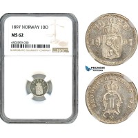 AH719, Norway, Oscar II, 10 Øre 1897, Kongsberg Mint, Silver, NGC MS62