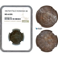 AH741, Romania, Carol I, 5 Bani 1867, Watt&Co Mint, NGC MS64BN