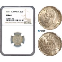 AH744, Romania, Carol I, 50 Bani 1911, Silver, NGC MS64