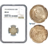 AH745, Romania, Carol I, 50 Bani 1914, Silver, NGC MS64