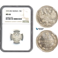 AH775, Russia, Nicholas II, 15 Kopeks 1915 БК, St. Petersburg Mint, Silver, NGC MS66