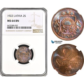 AH79, Latvia, 2 Santimi 1922, Huguenin Mint, NGC MS64BN
