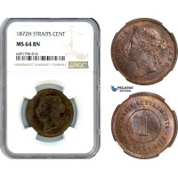 AH801, Straits Settlements, Victoria, 1 Cent 1872 H, Heaton Mint, NGC MS64BN
