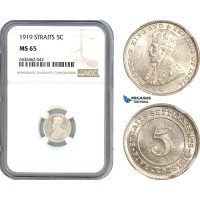 AH804, Straits Settlements, George V, 5 Cent 1919, Silver, NGC MS65