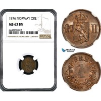 AH93, Norway, Oscar II, 1 Ore 1876, Kongsberg Mint, NGC MS63BN