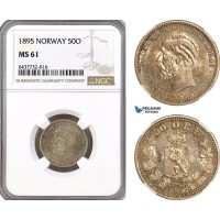 AH95, Norway, Oscar II, 50 Ore 1895, Kongsberg Mint, Silver, NGC MS61