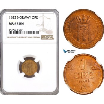 AH96, Norway, Haakon VII, 1 Ore 1932, Kongsberg Mint, NGC MS65BN
