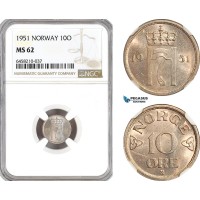 AH98, Norway, Haakon VII, 10 Ore 1951, Kongsberg Mint, NGC MS62