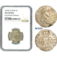 AI001, Spain, Ferdinand VII, 2 Reales 1833 M AJ, Madrid Mint, Silver, NGC UNC Det.