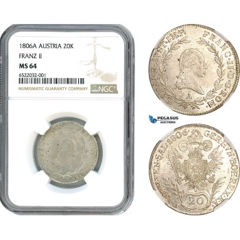 AI026, Austria, Franz II, 20 Kreuzer 1806 A, Vienna Mint, Silver, NGC MS64, Top Pop!