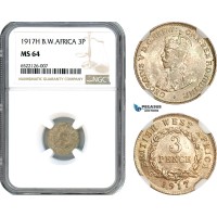 AI038, British West Africa, George V, 3 Pence 1917 H, Heaton Mint, Silver, NGC MS64, Pop 1/1