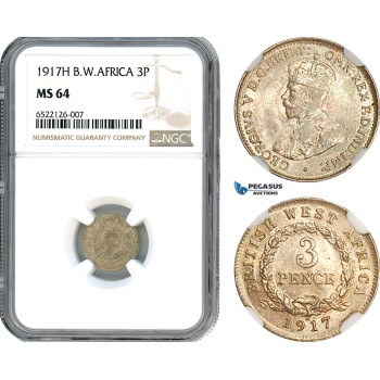 AI038, British West Africa, George V, 3 Pence 1917 H, Heaton Mint, Silver, NGC MS64, Pop 1/1