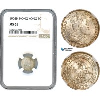 AI074, Hong Kong, Edward VII, 5 Cents 1905 H, Heaton Mint, Silver, NGC MS65