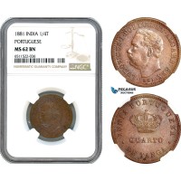 AI077, India (Portuguese) Luiz I, 1/4 Tanga 1881, Calcutta Mint, NGC MS62BN