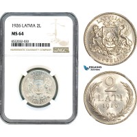 AI083, Latvia, 2 Lati 1926, London Mint, Silver, NGC MS64