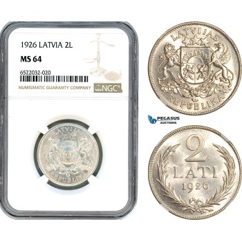AI083, Latvia, 2 Lati 1926, London Mint, Silver, NGC MS64
