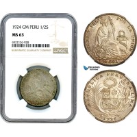 AI086, Peru, 1/2 Sol 1924 GM, Lima Mint, Silver, NGC MS63