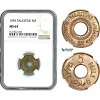 AI088, Palestine, 5 Mils 1939, London Mint, NGC MS64