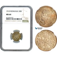 AI094, Romania, Carol I, 50 Bani 1910, Brussels Mint, Silver, NGC MS64