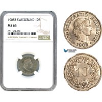 AI124, Switzerland, 10 Rappen 1908 B, Bern Mint, NGC MS65