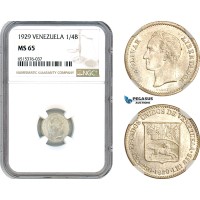 AI125, Venezuela, 1/4 Bolivar 1929, Silver, NGC MS65