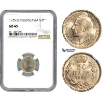 AI127, Yugoslavia, Alexander I, 50 Para 1925 B, Brussels Mint, NGC MS65