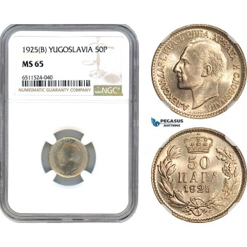 AI127, Yugoslavia, Alexander I, 50 Para 1925 B, Brussels Mint, NGC MS65