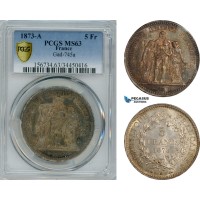 AI181, France, Third Republic, 5 Francs 1873 A, Paris Mint, Silver, PCGS MS63
