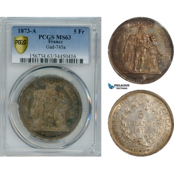 AI181, France, Third Republic, 5 Francs 1873 A, Paris Mint, Silver, PCGS MS63