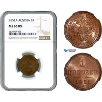 AI204, Austria, Franz Joseph, 1 Kreuzer 1851 A, Vienna Mint, NGC MS66BN