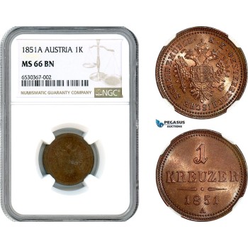 AI204, Austria, Franz Joseph, 1 Kreuzer 1851 A, Vienna Mint, NGC MS66BN