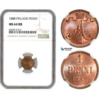 AI231, Finland, Alexander III. of Russia, 1 Penni 1888, Helsinki Mint, NGC MS64RB