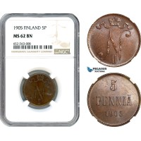 AI232, Finland, Nicholas II. of Russia, 5 Penniä 1908, Helsinki Mint, NGC MS62BN