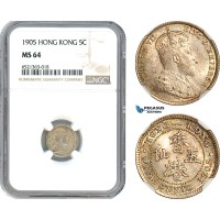 AI249, Hong Kong, Edward VII, 5 Cents 1905, London Mint, Silver, NGC MS64
