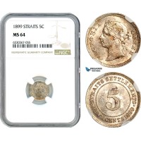 AI296, Straits Settlements, Victoria, 5 Cents 1899, Silver, NGC MS64
